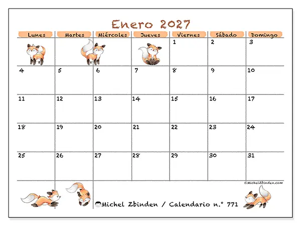 Calendario de enero de 2027 para imprimir - Dibujos de zorros