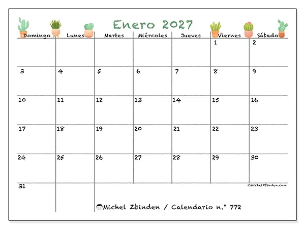 Calendario de enero de 2027 para imprimir - Cactus decorativos - Semana de domingo a sábado
