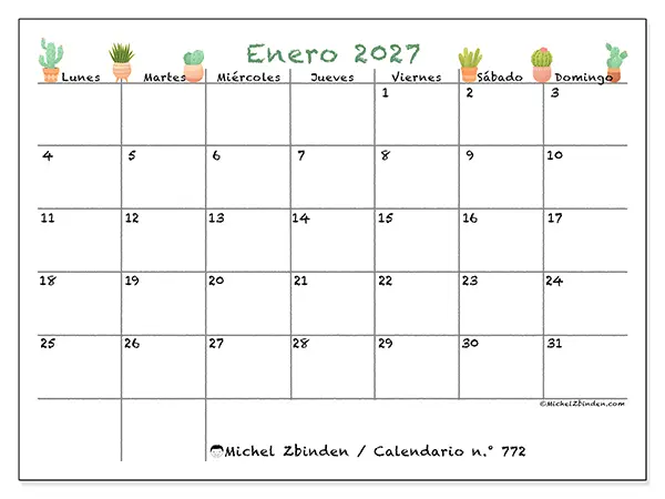 Calendario de enero de 2027 para imprimir - Cactus decorativos