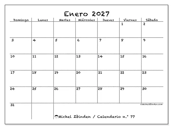 Calendario de enero de 2027 para imprimir - Escuela y familia - Semana de domingo a sábado