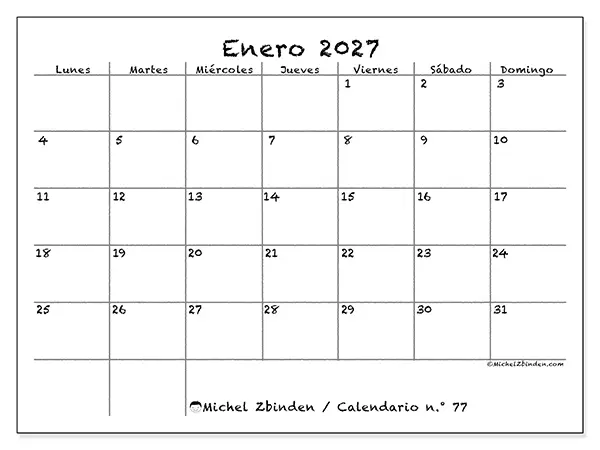Calendario de enero de 2027 para imprimir - Escuela y familia