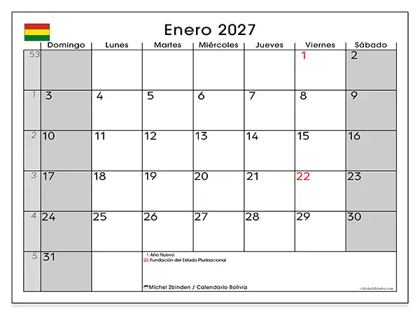 Calendario de enero de 2027 para imprimir - Bolivia