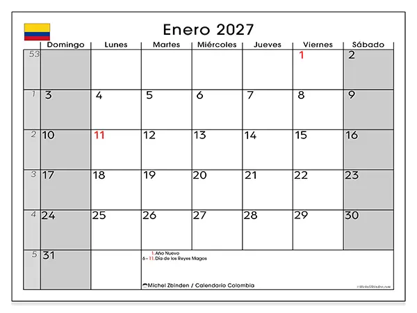 Calendario de enero de 2027 para imprimir - Colombia