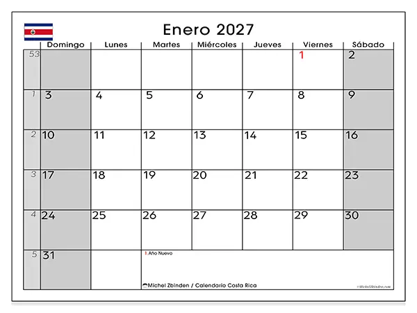 Calendario de enero de 2027 para imprimir - Costa Rica