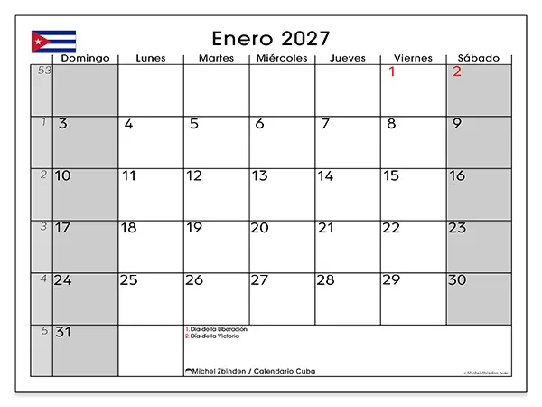 Calendario de enero de 2027 para imprimir - Cuba