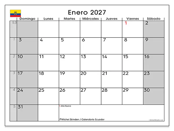 Calendario de enero de 2027 para imprimir - Ecuador