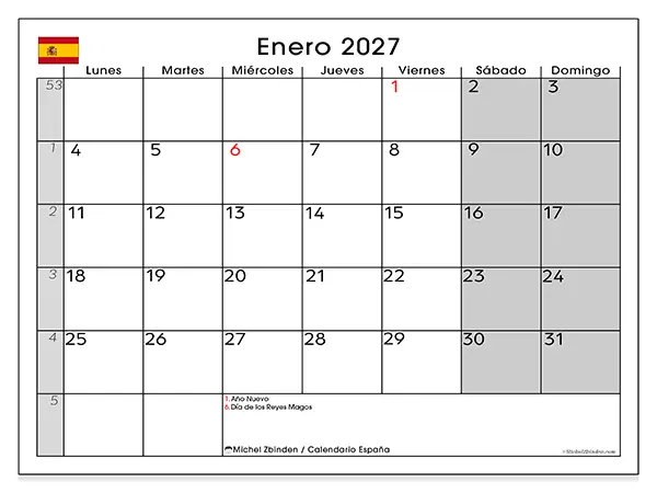 Calendario de enero de 2027 para imprimir - España