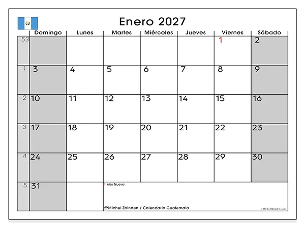 Calendario de enero de 2027 para imprimir - Guatemala
