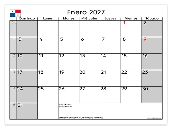 Calendario de enero de 2027 para imprimir - Panamá