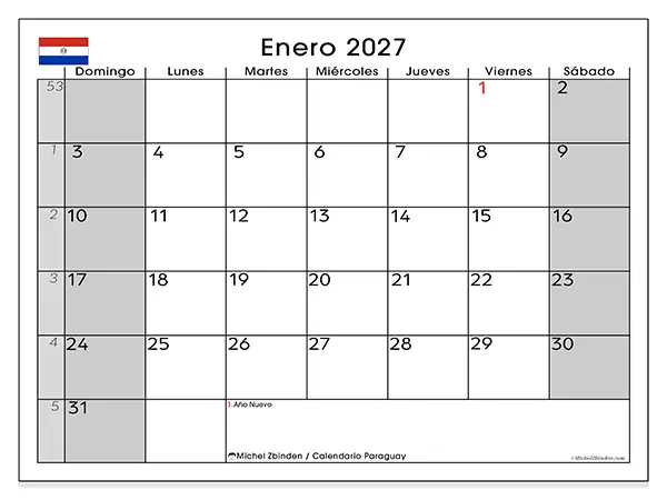 Calendario de enero de 2027 para imprimir - Paraguay