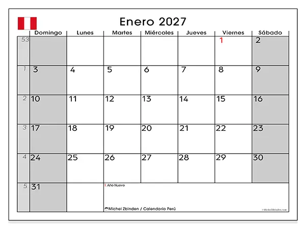Calendario de enero de 2027 para imprimir - Perú