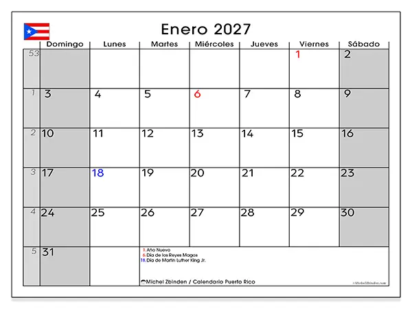 Calendario de enero de 2027 para imprimir - Puerto Rico