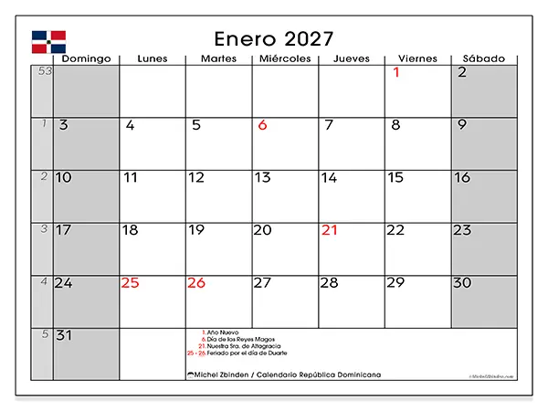Calendario de enero de 2027 para imprimir - República Dominicana