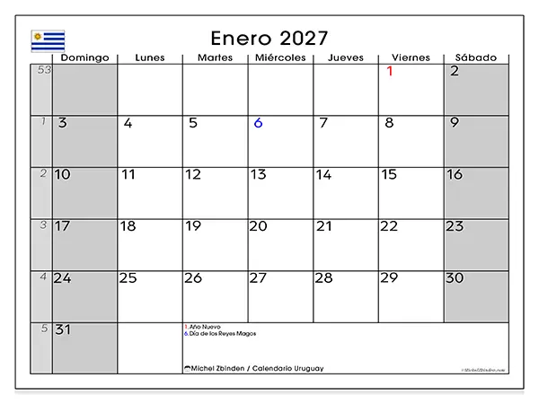 Calendario de enero de 2027 para imprimir - Uruguay