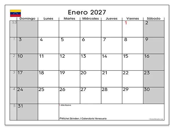 Calendario de enero de 2027 para imprimir - Venezuela