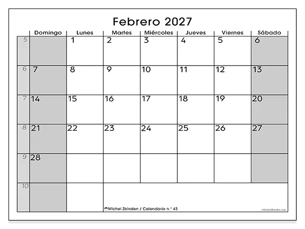 Calendario de febrero de 2027 para imprimir - Organización perfecta - Semana de domingo a sábado