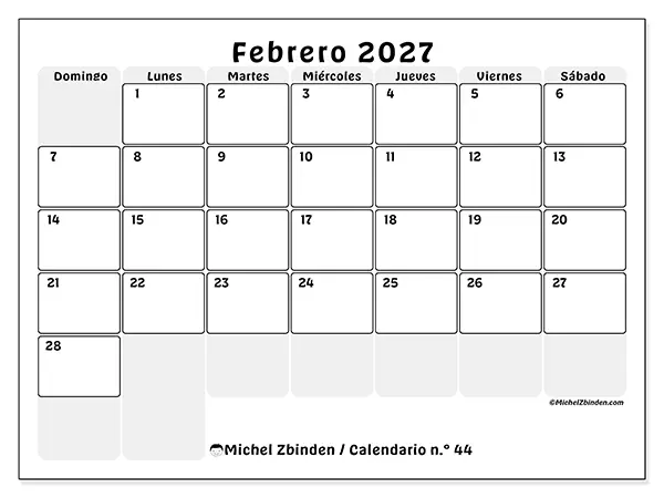 Calendario de febrero de 2027 para imprimir - Planificación estructurada - Semana de domingo a sábado