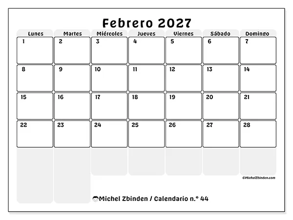 Calendario de febrero de 2027 para imprimir - Planificación estructurada
