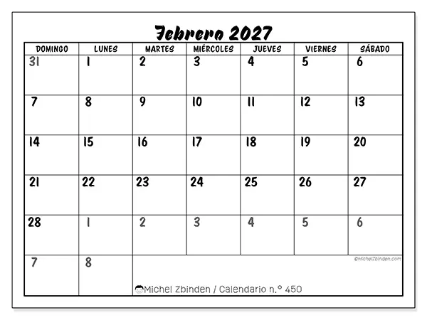 Calendario de febrero de 2027 para imprimir - Organización detallada - Semana de domingo a sábado