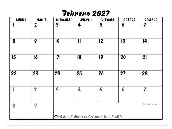 Calendario de febrero de 2027 para imprimir - Organización detallada