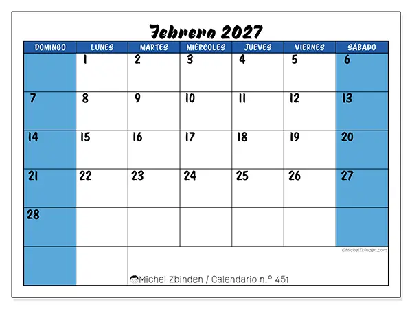 Calendario de febrero de 2027 para imprimir - Organización dinámica - Semana de domingo a sábado