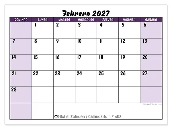 Calendario de febrero de 2027 para imprimir - Eficiencia colorida - Semana de domingo a sábado