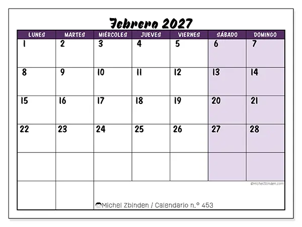 Calendario de febrero de 2027 para imprimir - Eficiencia colorida