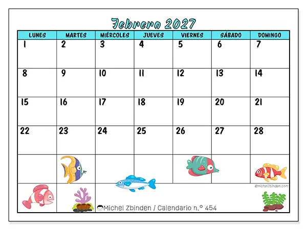 Calendario de febrero de 2027 para imprimir - Peces coloridos