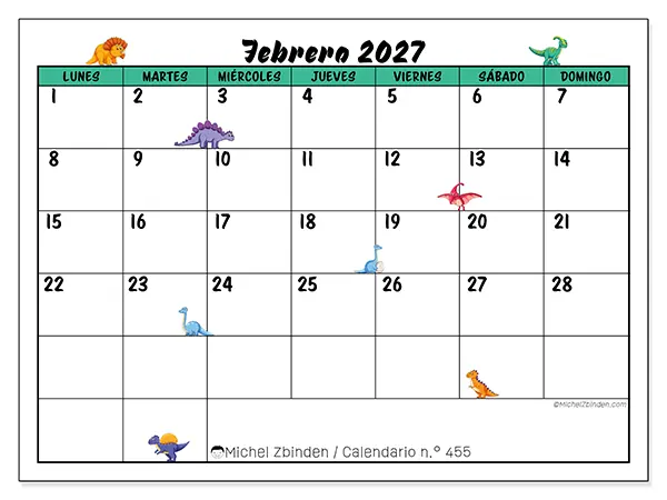 Calendario de febrero de 2027 para imprimir - Pequeños dinosaurios