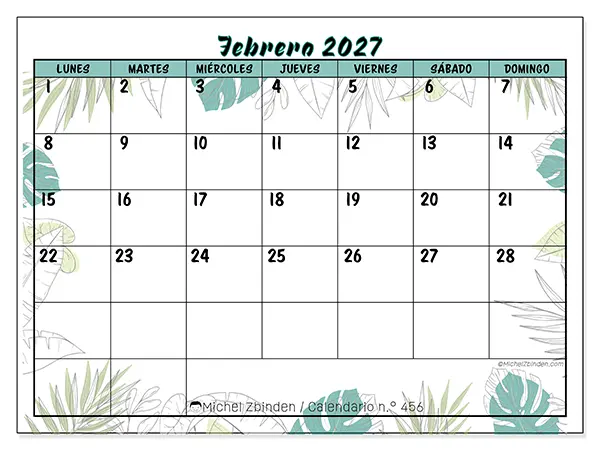 Calendario de febrero de 2027 para imprimir - Naturaleza y jardín