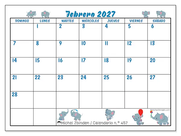 Calendario de febrero de 2027 para imprimir - Pequeños elefantes - Semana de domingo a sábado