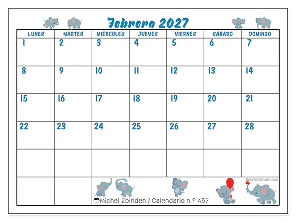 Calendario de febrero de 2027 para imprimir - Pequeños elefantes