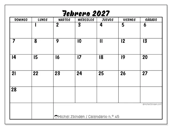 Calendario de febrero de 2027 para imprimir - Éxito escolar - Semana de domingo a sábado