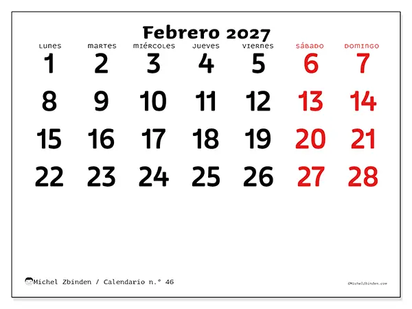 Calendario de febrero de 2027 para imprimir - Visión clara
