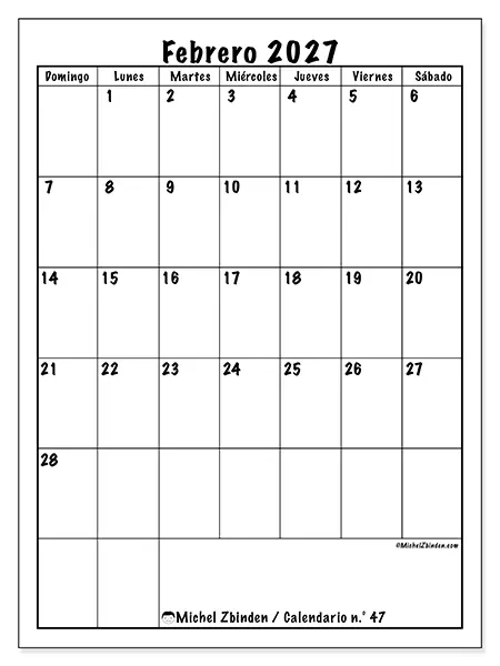 Calendario de febrero de 2027 para imprimir - Planificación eficiente - Semana de domingo a sábado