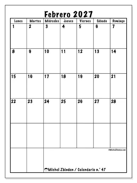 Calendario de febrero de 2027 para imprimir - Planificación eficiente