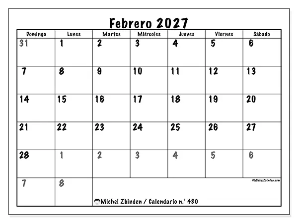 Calendario de febrero de 2027 para imprimir - Planificación completa - Semana de domingo a sábado