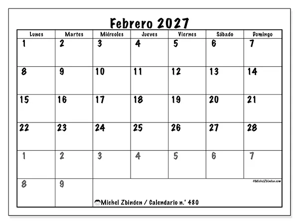 Calendario de febrero de 2027 para imprimir - Planificación completa
