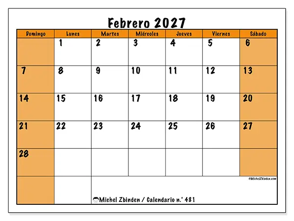 Calendario de febrero de 2027 para imprimir - Planificación dinámica - Semana de domingo a sábado