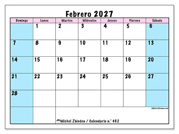 Calendario de febrero de 2027 para imprimir - Horario de equipo - Semana de domingo a sábado