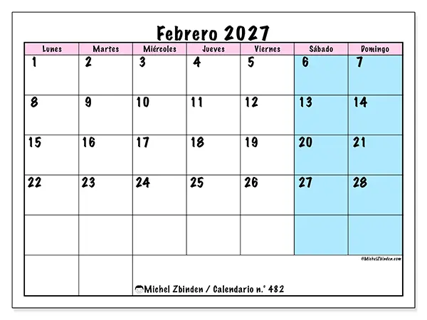 Calendario de febrero de 2027 para imprimir - Horario de equipo