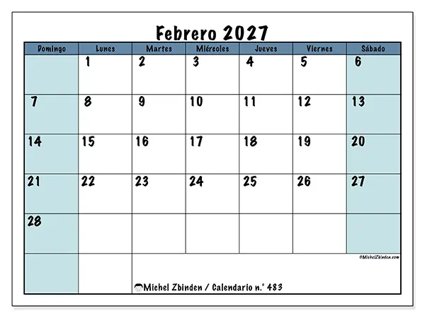 Calendario de febrero de 2027 para imprimir - Estructura para la escuela - Semana de domingo a sábado