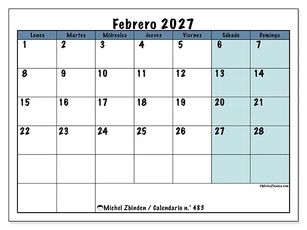 Calendario de febrero de 2027 para imprimir - Estructura para la escuela