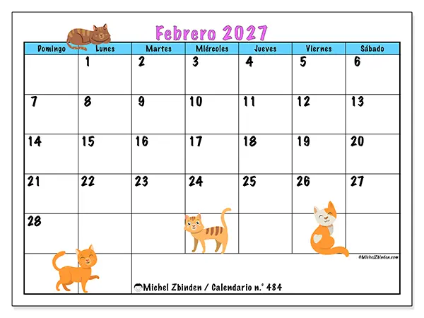 Calendario de febrero de 2027 para imprimir - Amor por los gatos - Semana de domingo a sábado