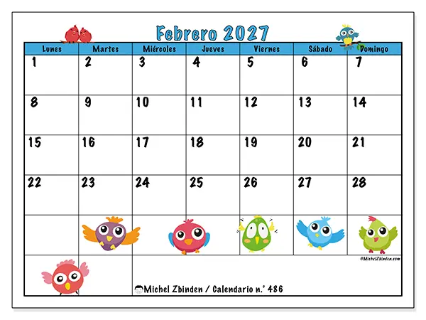 Calendario de febrero de 2027 para imprimir - Pájaros divertidos
