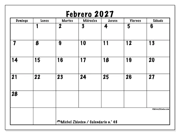 Calendario de febrero de 2027 para imprimir - Eficiencia diaria - Semana de domingo a sábado