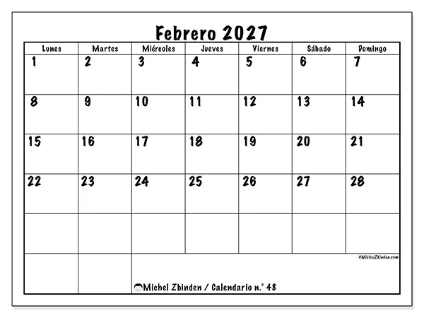Calendario de febrero de 2027 para imprimir - Eficiencia diaria