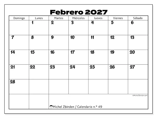 Calendario de febrero de 2027 para imprimir - Coordinación productiva - Semana de domingo a sábado