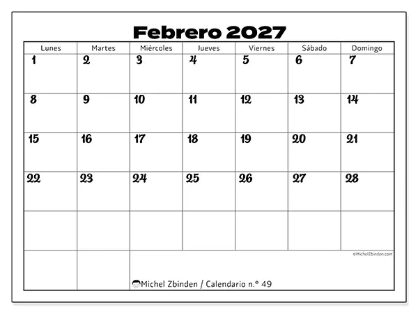 Calendario de febrero de 2027 para imprimir - Coordinación productiva