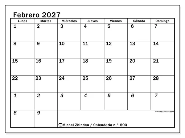 Calendario de febrero de 2027 para imprimir - Planificación intensiva